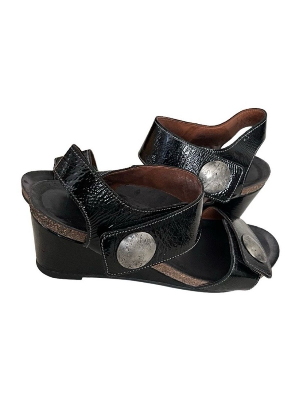 TAOS Black Leather Wedge Sandals Shiny Two Adjustable Straps Size 40 EU US 9-9.5